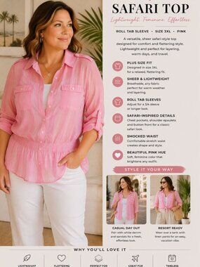 Chicos Pink Safari Top XL Roll Tab Sleeve Button Front Smocked Waist Pink Stripe